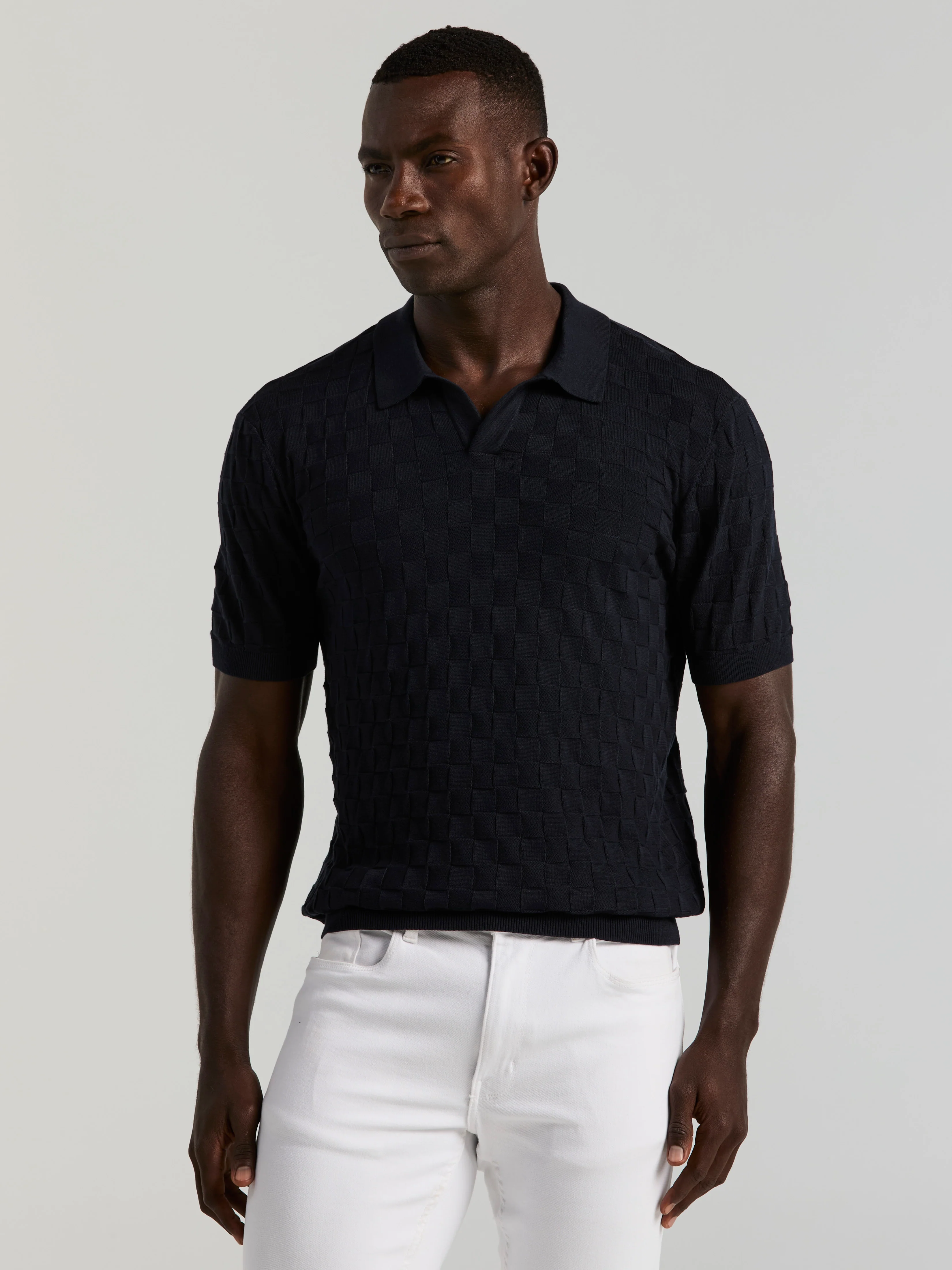 Square Pattern Open Collar Polo